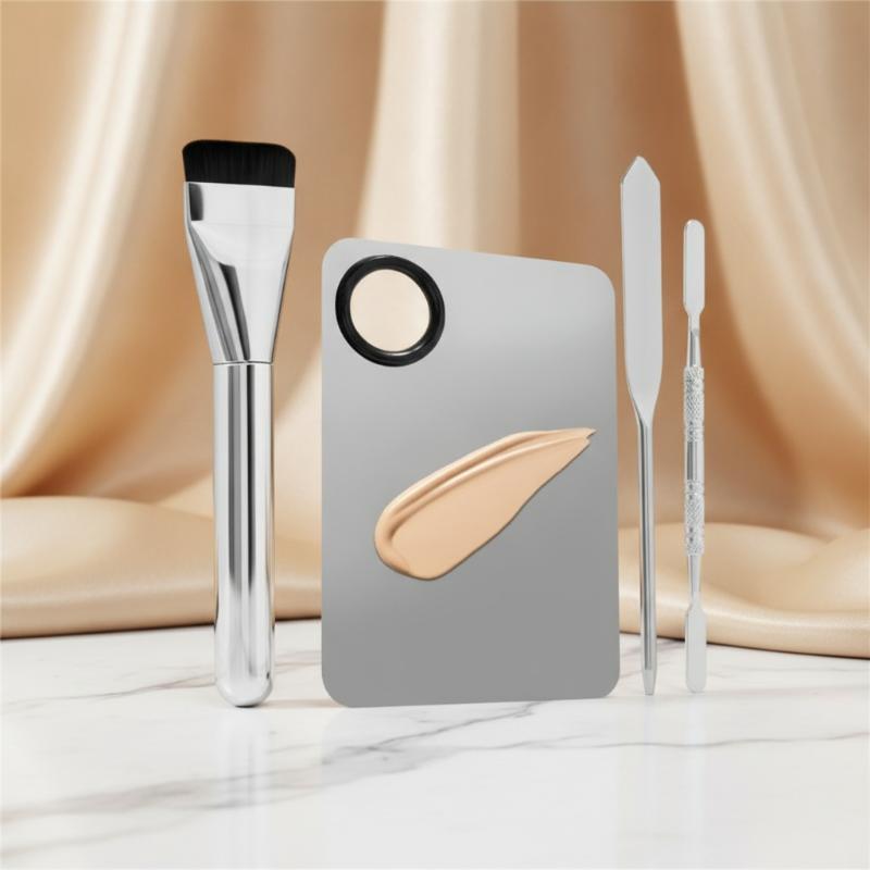 Beauty Makeup Eyeshadow Palette - ใหม่ 4 ชิ้น ถาดผสมเครื่องสำอางสแตนเลส พร้อมไม้พาย สำหรับลิปสติก
