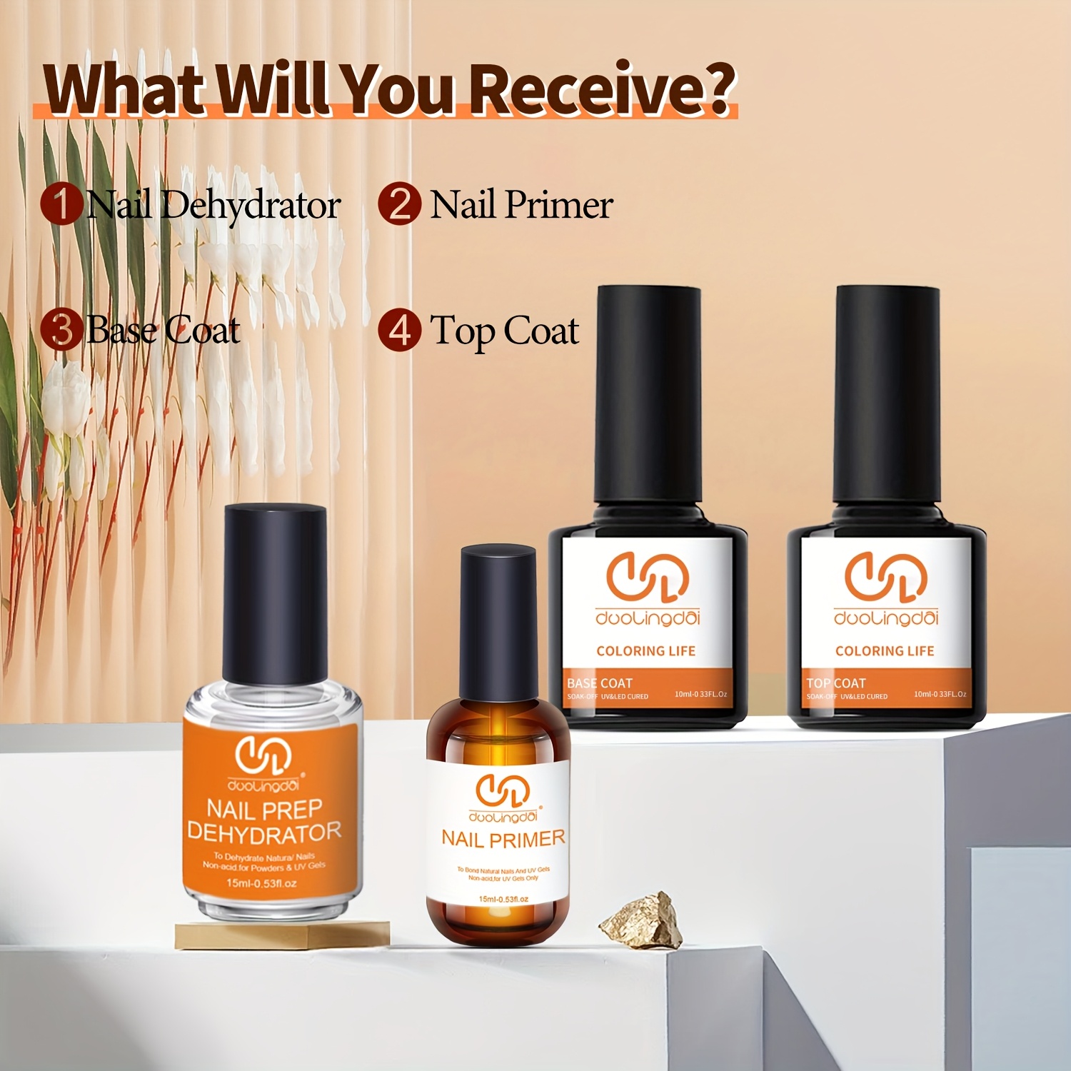 Nail Dehydrator Primer - ท็อปโค้ทและเบสเจล 4 ชิ้น, น้ำยาขจัดความชื้นสำหรับเล็บแบบมืออาชีพและน้ำยาปรับสภาพเล็บแบบไม่มีกรดสำหรับเล็บอะคริลิกและเจล